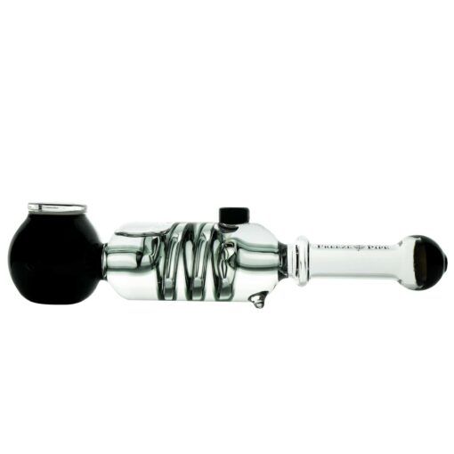 The Freeze Pipe features a black bowl on the left end, a spiral design in its transparent glass body inspired by Freeze Pipe technology, and a cylindrical mouthpiece on the right.