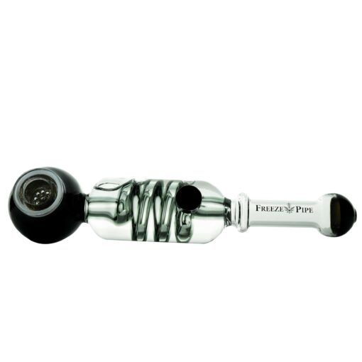 The Freeze Pipe features a black bowl, a central spiral coil, and "Freeze Pipe" branding on its clear glass mouthpiece.