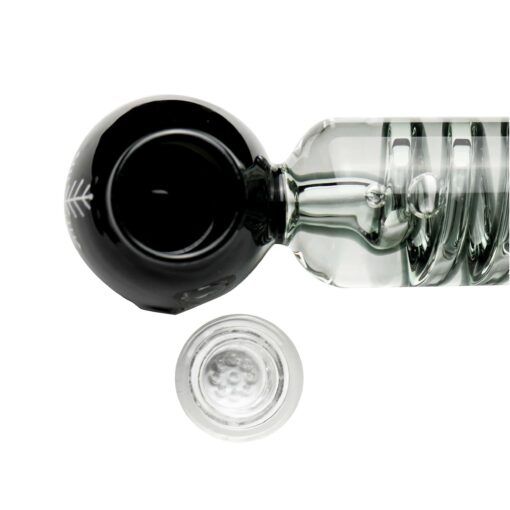 Top-down view of The Freeze Pipe, a glass smoking pipe with a black bowl, spiral chamber, and a small clear glass component, displayed on a white background.