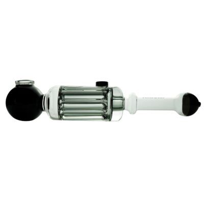 The Freeze Pipe Steamroller is a glass smoking pipe with a black bowl, clear cylindrical body housing percolator tubes, and a white stem with a black mouthpiece, shown on a white background.
