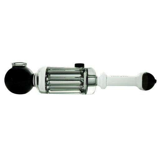 The Freeze Pipe Steamroller is a glass smoking pipe with a black bowl, clear cylindrical body housing percolator tubes, and a white stem with a black mouthpiece, shown on a white background.