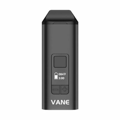The Yocan Vane Portable Vaporizer is a black, rectangular device with a small digital display above two control buttons, showing temperature, battery level, and timer.