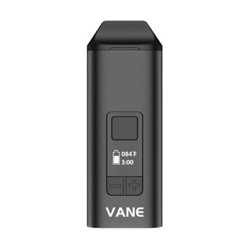 The Yocan Vane Portable Vaporizer is a black, rectangular device with a small digital display above two control buttons, showing temperature, battery level, and timer.