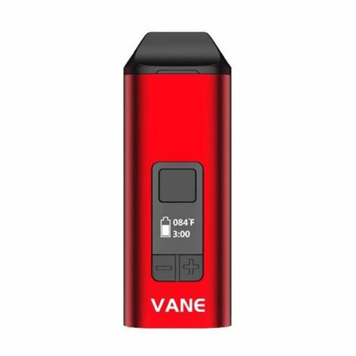 A Yocan Vane Portable Vaporizer in red, featuring a digital display for temperature and timer, two buttons below the screen, and "VANE" printed at the bottom.
