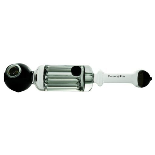 The Freeze Pipe Steamroller is a glass hand pipe with a cylindrical chamber and black accents on the bowl and mouthpiece ends.