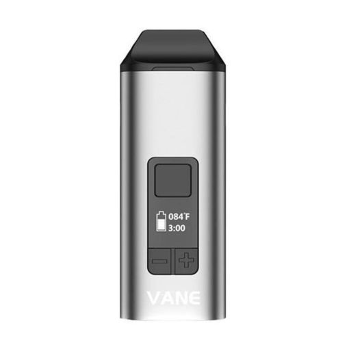 The Yocan Vane Portable Vaporizer is a silver, rectangular device with a digital display showing temperature, battery level, timer, and plus/minus control buttons.