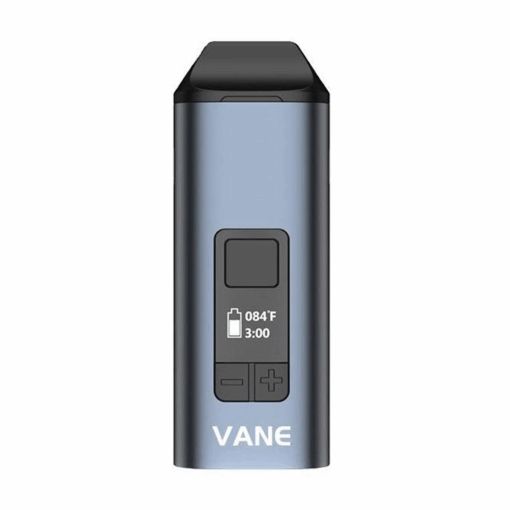 The Yocan Vane Portable Vaporizer is a compact, rectangular blue and black device with a display showing temperature, battery, and timer icons. "VANE" is printed at the bottom, and plus/minus buttons are located beneath the screen.