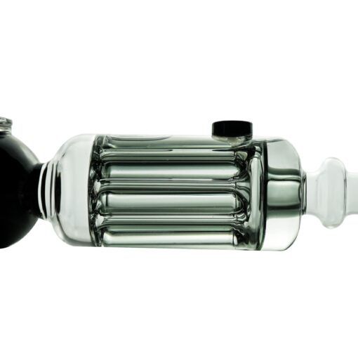 Close-up of the Freeze Pipe Steamroller, a clear glass smoking accessory with cylindrical chambers and a black accent, displayed on a white background.