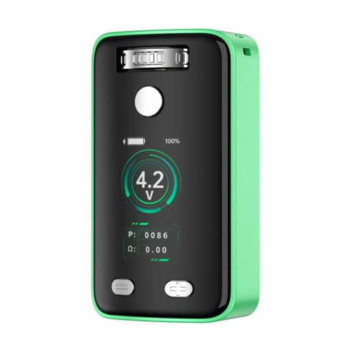 The Yocan Uni 3.0 Vaporizer features a sleek black-and-green rectangular design, a digital display showing “4.2V” and battery status, two circular buttons at the bottom, and a metallic connector at the top.