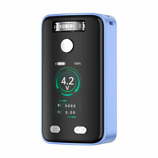 The Yocan Uni 3.0 Vaporizer features a glossy black front, blue sides, a display showing battery level, 4.2V voltage, wattage, and settings buttons—ideal for fans seeking a stylish and functional vaporizer mod device.