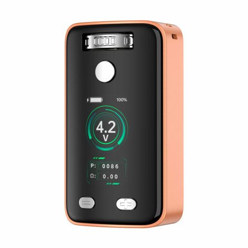 The Yocan Uni 3.0 Vaporizer features a sleek, rectangular design in rose gold and black, with a digital display for battery level, voltage (4.2V), and settings. Two buttons below the screen complete its modern appearance.