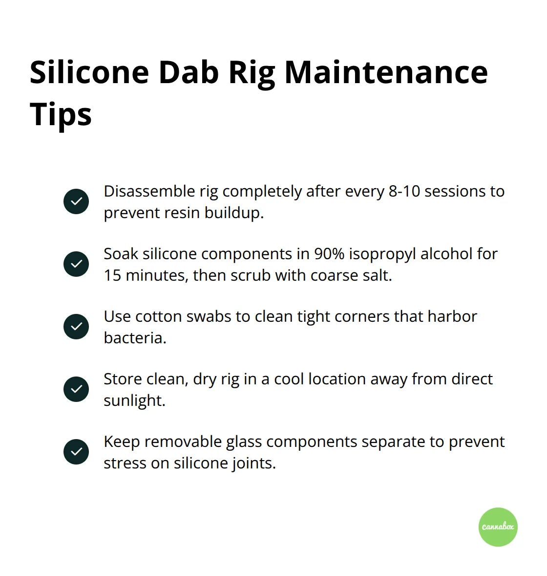 Checkmark list of maintenance tips for silicone dab rigs including disassembly, cleaning methods, and storage advice