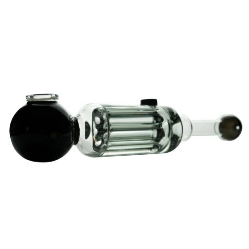 The Freeze Pipe Steamroller is a glass pipe with a rounded black bowl, clear cylindrical body featuring multiple tube-like chambers, and a transparent mouthpiece, shown on a white background.