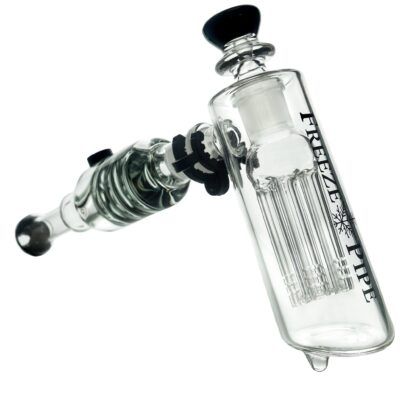 The Freeze Pipe Bubbler is a clear glass water pipe with a black mouthpiece, multiple percolators, and "PREP" printed vertically on the chamber.