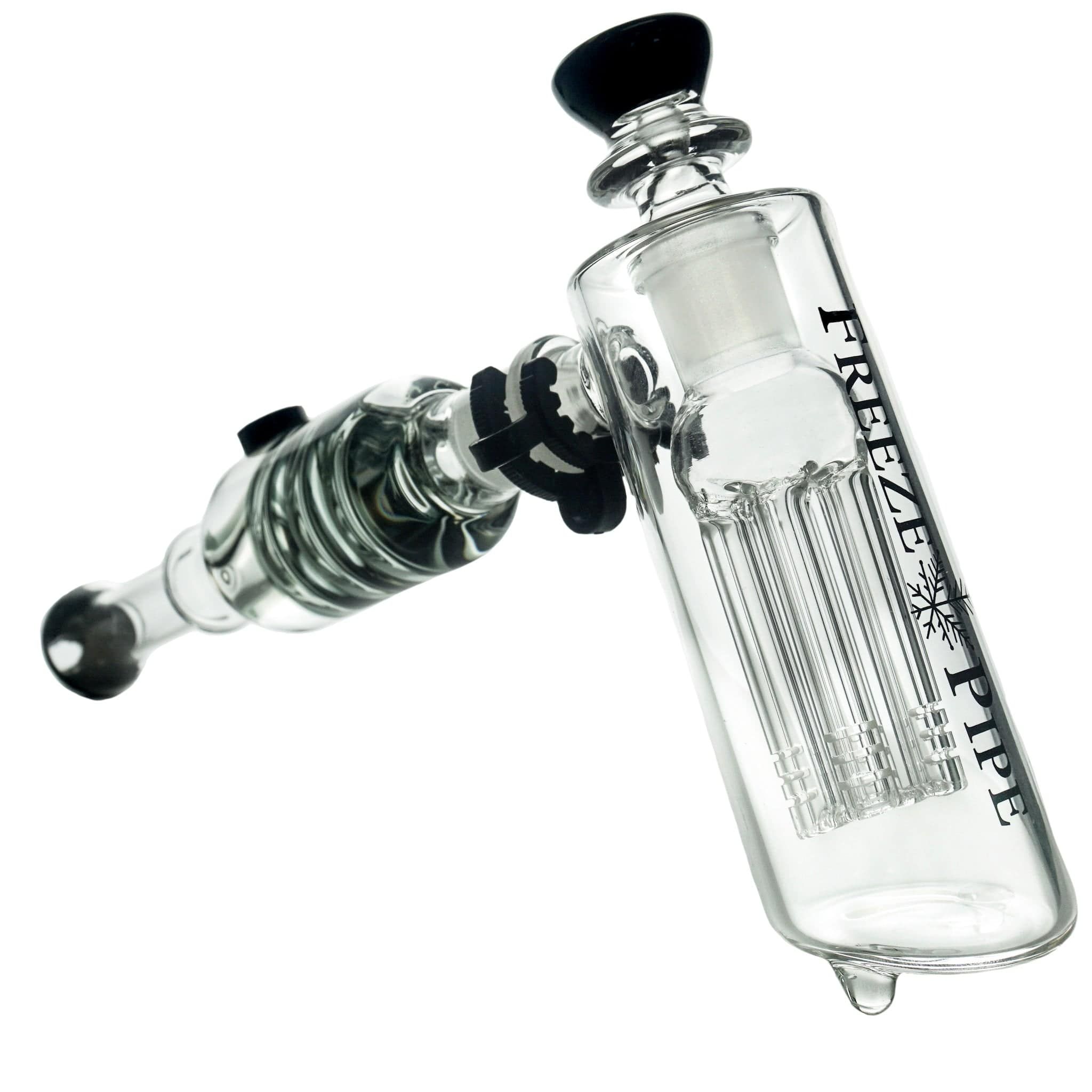 The Freeze Pipe Bubbler is a clear glass water pipe with a black mouthpiece, multiple percolators, and "PREP" printed vertically on the chamber.