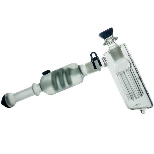 The Freeze Pipe Bubbler is a glass bubbler with an angled mouthpiece, percolator chamber, and multi-section design for advanced filtration and cooling.