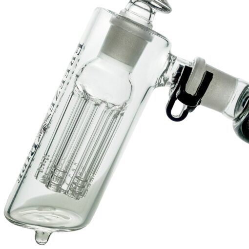 Close-up of a clear glass filter attachment with multiple vertical slits, used as a percolator or diffuser in water pipes like the Freeze Pipe Bubbler to filter and cool smoke.