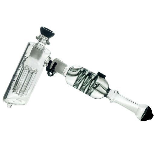The Freeze Pipe Bubbler is a clear glass bubbler with multiple chambers and percolators, featuring black accents on the mouthpiece and bowl. It's shown at an angle on a white background.