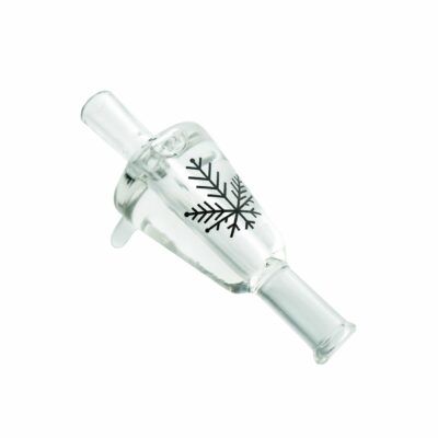 The Freeze Pipe Glycerin Blunt Tip is a clear glass smoking accessory with a black snowflake design, two cylindrical ends, and a small side handle, photographed on a white background.