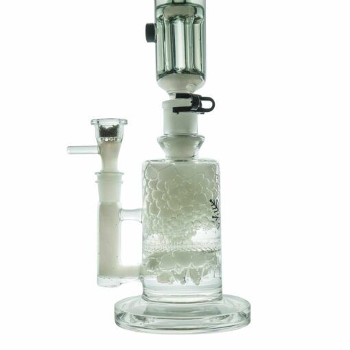 The Freeze Pipe Mini Bong is a clear glass water pipe with bubble patterns in the chamber, a wide circular base, side handle, and multiple percolators for smooth filtration.