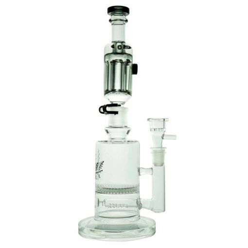 The Freeze Pipe Mini Bong is a clear glass mini water pipe with multiple chambers, a wide round base, and intricate percolators for smooth filtration—ideal for those who love the chilled experience of a freeze pipe.