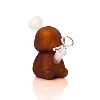 A brown, frosted glass Sloth Bong shaped like a sitting cartoon sloth, featuring a clear glass bowl and mouthpiece, displayed against a white background.