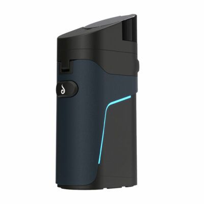 The Dr Dabber Ghost 2 Vaporizer features a sleek black and dark blue curved design, a prominent button with a flame icon, a thin blue accent line on the side, and a hinged lid at the top.
