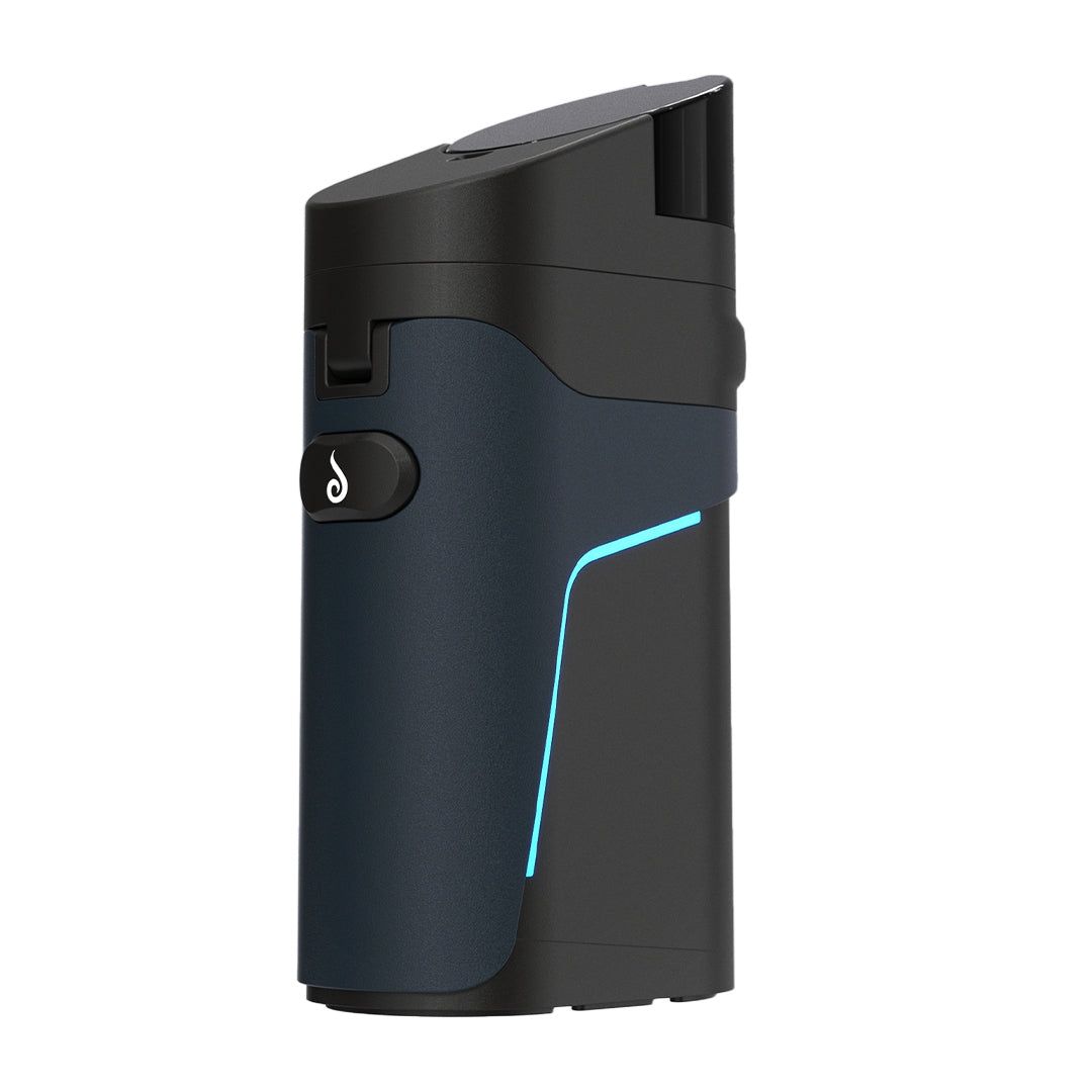 The Dr Dabber Ghost 2 Vaporizer features a sleek black and dark blue curved design, a prominent button with a flame icon, a thin blue accent line on the side, and a hinged lid at the top.