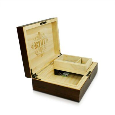 The HUMIDOR WALNUT COMBO BOX (8X11) features a walnut exterior, light wood interior, RYOT engraving with emblem, removable tray, and compartments—ideal for cigar storage or as a humidor. Shown open against a white background.