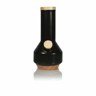 The RYOT CERAMIC MAPLE TRAVELLER PIPE is a modern black ceramic pipe with a wide base, wooden mouthpiece, and matching wooden bowl, shown upright on a white background.