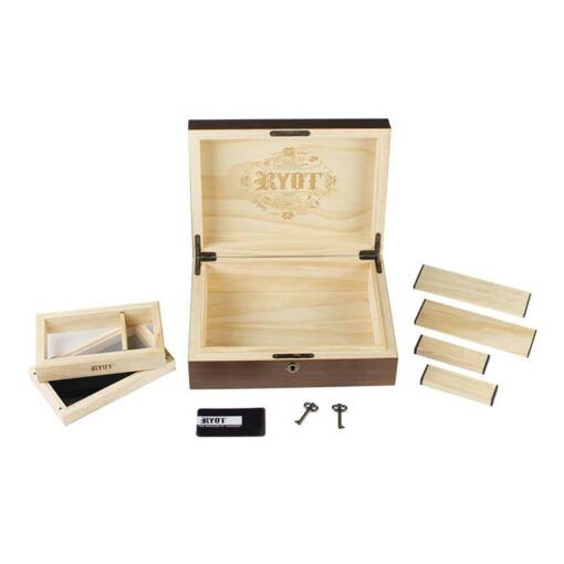 The HUMIDOR WALNUT COMBO BOX (8X11) is shown open, displaying the RYOT logo inside. Beside it are removable dividers, a small wooden container, two keys, and a rectangular piece labeled RYOT.