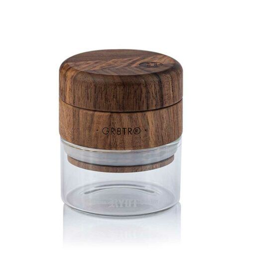 The WOOD GR8TR WITH JAR BODY features a clear jar bottom to view contents and a wooden lid with natural grain, labeled GR8TR on the side.