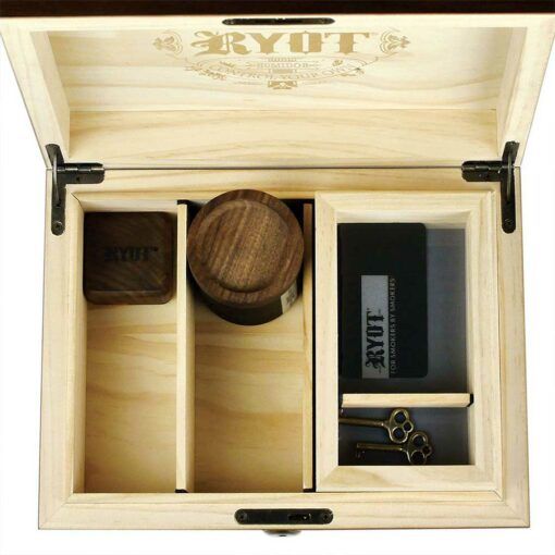 The HUMIDOR WALNUT COMBO BOX (8X11) stores cigars in style, featuring compartments for a wooden-lid jar, rectangular tin, card, and two vintage keys. The open lid displays the RYOT logo inside for elegant organization.
