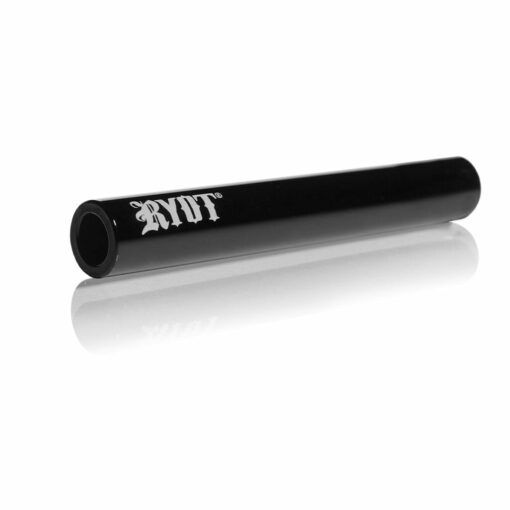 A sleek black cylindrical RYOT Ceramic Maple Traveller Pipe, featuring "RYOT" in white stylized lettering near one end, rests on a reflective white surface.