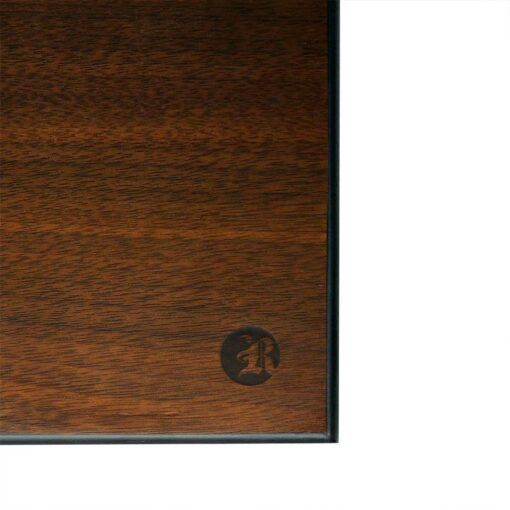 A close-up of the HUMIDOR WALNUT COMBO BOX (8X11) showcases its dark brown wooden finish and a circular chess knight emblem in the lower right, all framed by a sleek black border.