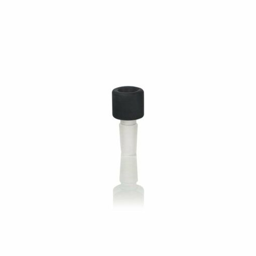 The RYOT CERAMIC MAPLE TRAVELLER PIPE is a small, cylindrical black and frosted glass adapter with a wide top and narrow bottom, standing upright on a white background with a subtle reflection.