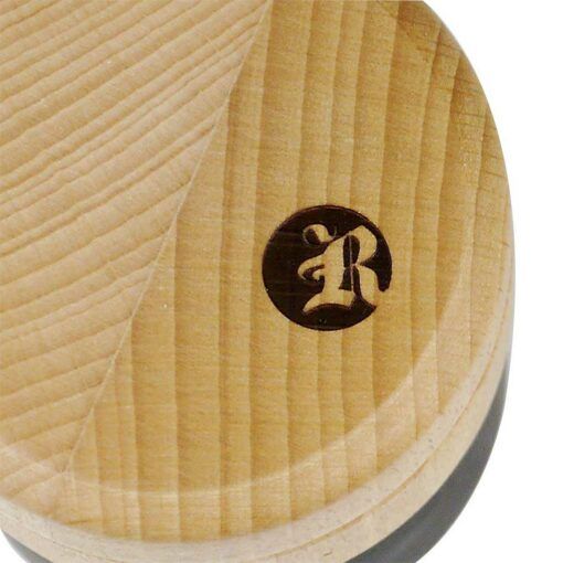 A close-up of the WOOD GR8TR WITH JAR BODY shows its round, light wooden surface with a dark, engraved letter R in a circle near the edge, showcasing fine wood grain and smooth craftsmanship.