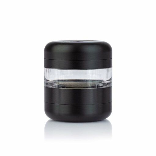 The RYOT GR8TR JAR BODY GRINDER is a small black cylindrical grinder with a transparent band around its center, shown on a white background.