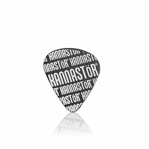 A guitar pick with a black and white design featuring the repeated word KANNASTÖR in bold letters—ideal for RYOT 4PC SOLID BODY GRINDERS fans. The pick is displayed on a plain white background with a subtle reflection below.