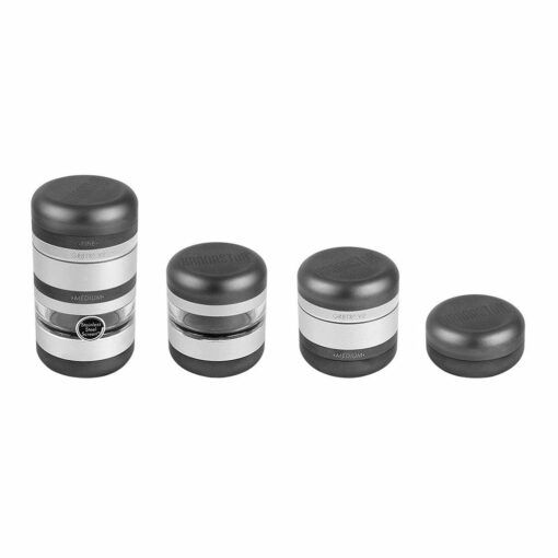 Four RYOT GR8TR JAR BODY GRINDERs, resembling classic GR8TR grinder styles, are lined up from largest to smallest on a white background. Each has black lids and bases paired with glossy silver midsections.