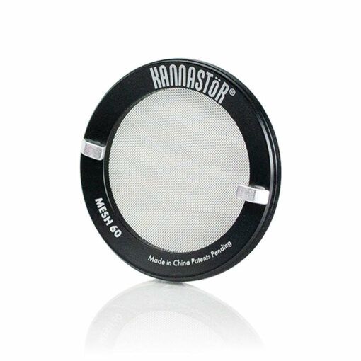 A round, black metal mesh screen labeled “Kannastör Mesh 60” is compatible with RYOT 4PC JAR BODY GRINDERS. The fine silver mesh is made in China and has patents pending.