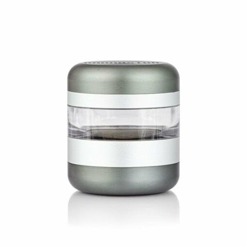 The RYOT GR8TR Jar Body Grinder is a compact, cylindrical grinder in metallic gray with a clear band around the middle, resembling a sleek jar, and displayed on a white background.
