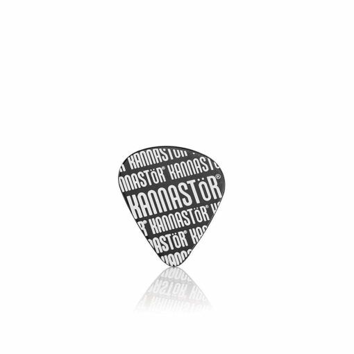 A black guitar pick with "KANNASTÖR" printed in white capital letters, shown on a white background with a faint reflection—an ideal accessory for fans of the RYOT GR8TR JAR BODY GRINDER.