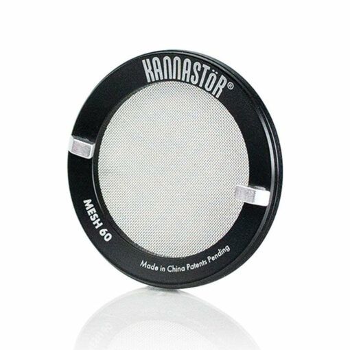 A round metal mesh screen labeled Kannastör Mesh 60 with a black frame, designed as an accessory for RYOT 4PC JAR BODY GRINDERS. "Made in China Patents Pending" appears on the bottom edge.