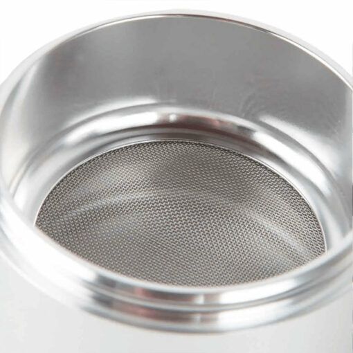 Close-up of a metal mesh filter inside a shiny, cylindrical stainless steel container, like those in RYOT 4PC JAR BODY GRINDERS, commonly used in grinders or kitchen appliances such as coffee makers and sifters.