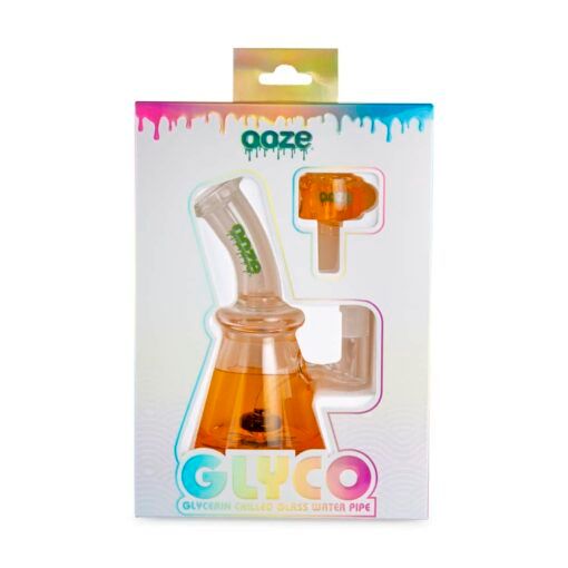 The Ooze Glyco Bong Glycerin Chilled Glass Water Pipe comes in vibrant packaging with colorful drips, making it perfect for smooth, chilled sessions.