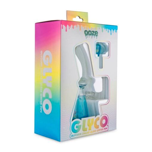 The Ooze Glyco Bong Glycerin Chilled Glass Water Pipe is showcased in vibrant, windowed packaging, with the pipe and accessories safely packed inside.