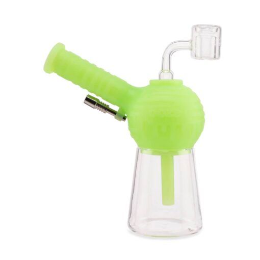 The Ooze Blaster Silicone Glass 4-in-1 Hybrid Water Pipe and Dab Straw features a green and clear design with a side handle, dome-shaped top, and bent glass mouthpiece—ideal for smooth and versatile sessions.