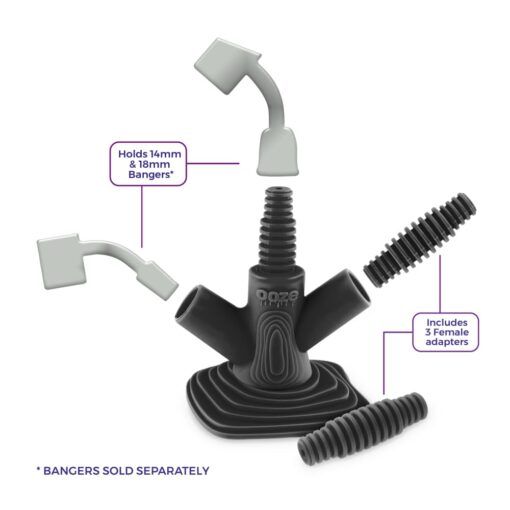 The Ooze Banger Hanger Silicone Banger Stand is a black multi-way adapter with three angled arms and a central stem, holding 14mm & 18mm bangers. Includes three black female adapters for versatile use.