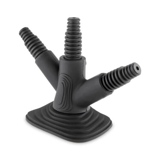The Ooze Banger Hanger Silicone Banger Stand is a black, three-way connector with ribbed arms and a rectangular base, perfect for attaching multiple hoses to one port and organizing your setup.
